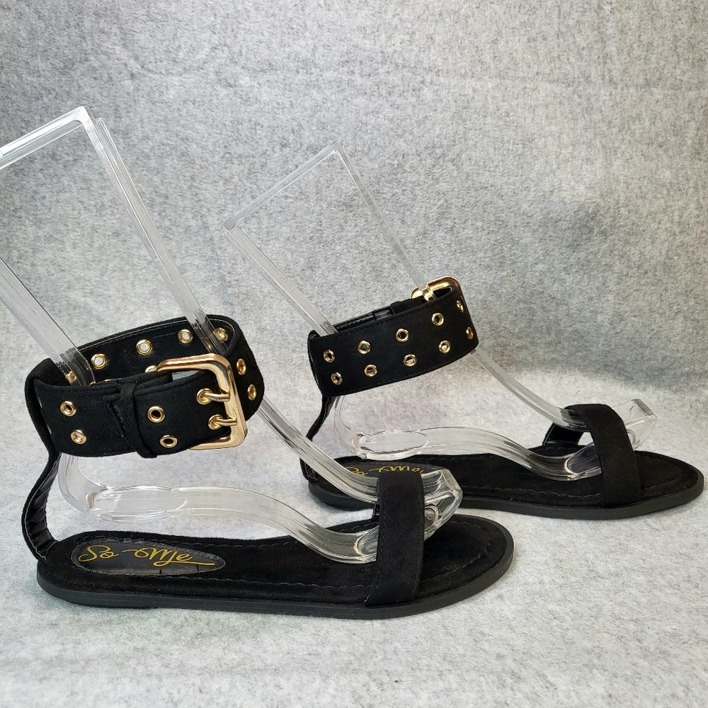 *  So Me  Black Suede Detailed Ankle Cuff Flat Sandals Size…